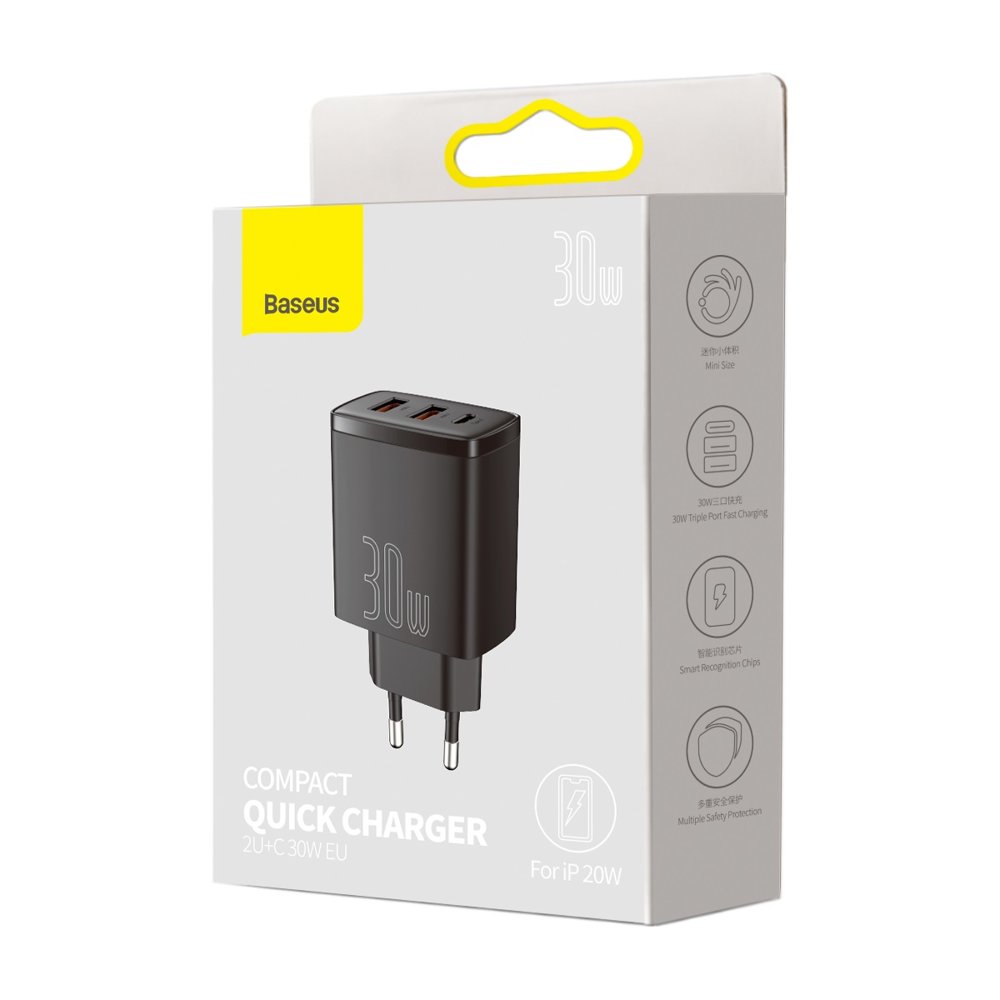 Baseus - Φορτιστής τοίχου Compact (CCXJ-E01) - USB-C, PD, 30W, 2xUSB-A, QC, 3A - Μαύρο - Image 7