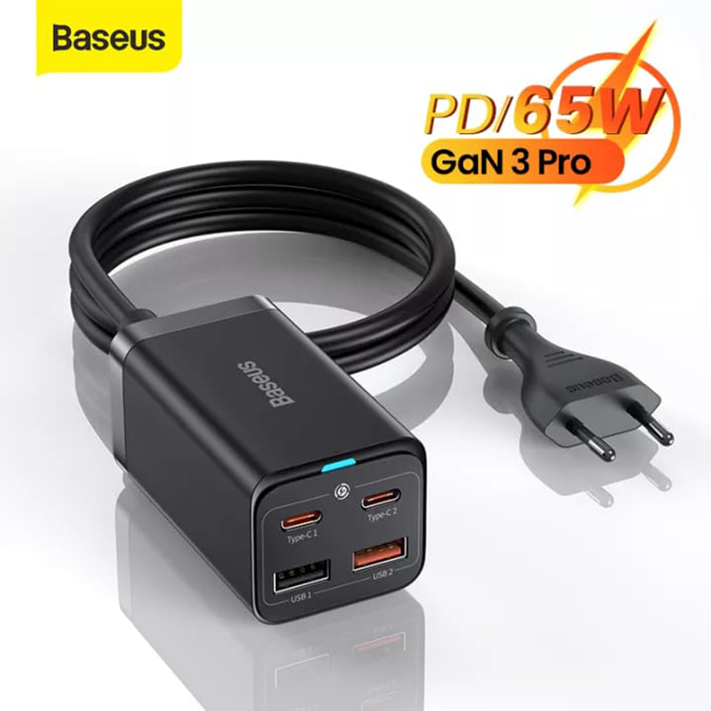 Baseus - Σταθμός φόρτισης GaN3 Pro (CCGP040101) - 2xUSB-C, PD 65W, 2xUSB-A, 5A, με καλώδιο Type-C σε Type-C - Μαύρο - Image 2