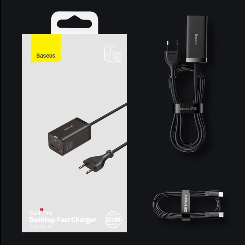 Baseus - Σταθμός φόρτισης GaN3 Pro (CCGP040101) - 2xUSB-C, PD 65W, 2xUSB-A, 5A, με καλώδιο Type-C σε Type-C - Μαύρο - Image 7
