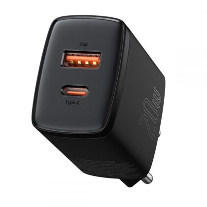 Baseus - Φορτιστής τοίχου Compact (CCXJ-B01) - USB-C, PD, 20W, USB-A, QC, 3A - Μαύρο