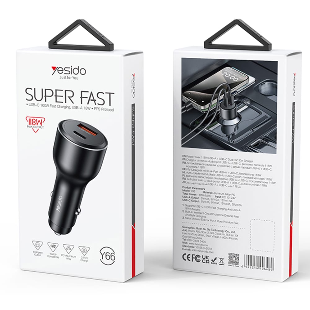 Yesido - Φορτιστής Αυτοκινήτου (Y65) - Διπλή Θύρα USB-A + Type-C, PD100W, Κράμα Αλουμινίου, Υπερταχεία Φόρτιση - Μαύρο - Image 7