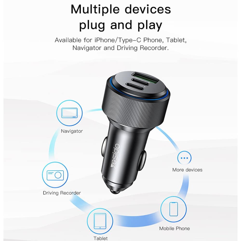 Yesido - Φορτιστής Αυτοκινήτου (Y50) - 2x Type-C, USB, Γρήγορη Φόρτιση, 60W, Δακτύλιος Λάμπας LED, Έξυπνο Τσιπ Ελέγχου Θερμοκρασίας - Μαύρο - Image 2