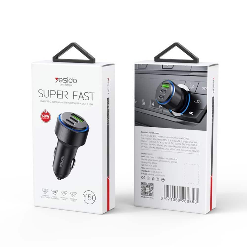 Yesido - Φορτιστής Αυτοκινήτου (Y50) - 2x Type-C, USB, Γρήγορη Φόρτιση, 60W, Δακτύλιος Λάμπας LED, Έξυπνο Τσιπ Ελέγχου Θερμοκρασίας - Μαύρο - Image 7