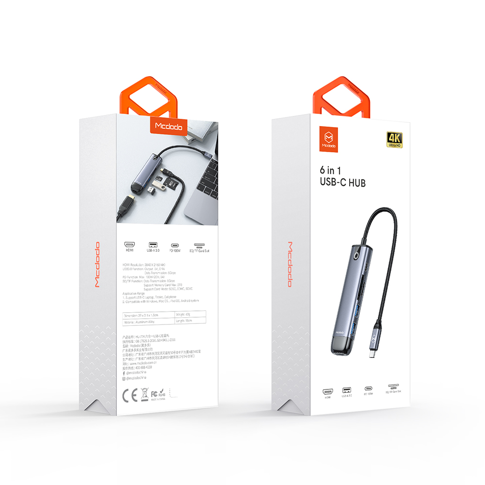 Mcdodo - Hub (HU-7740) - 6 σε 1, 2x USB3.0, Type-C PD100W, HDMI 4K, Υποδοχή κάρτας SD/TF, 5Gbps, 2TB, Καλώδιο Type-C - Γκρι - Image 7