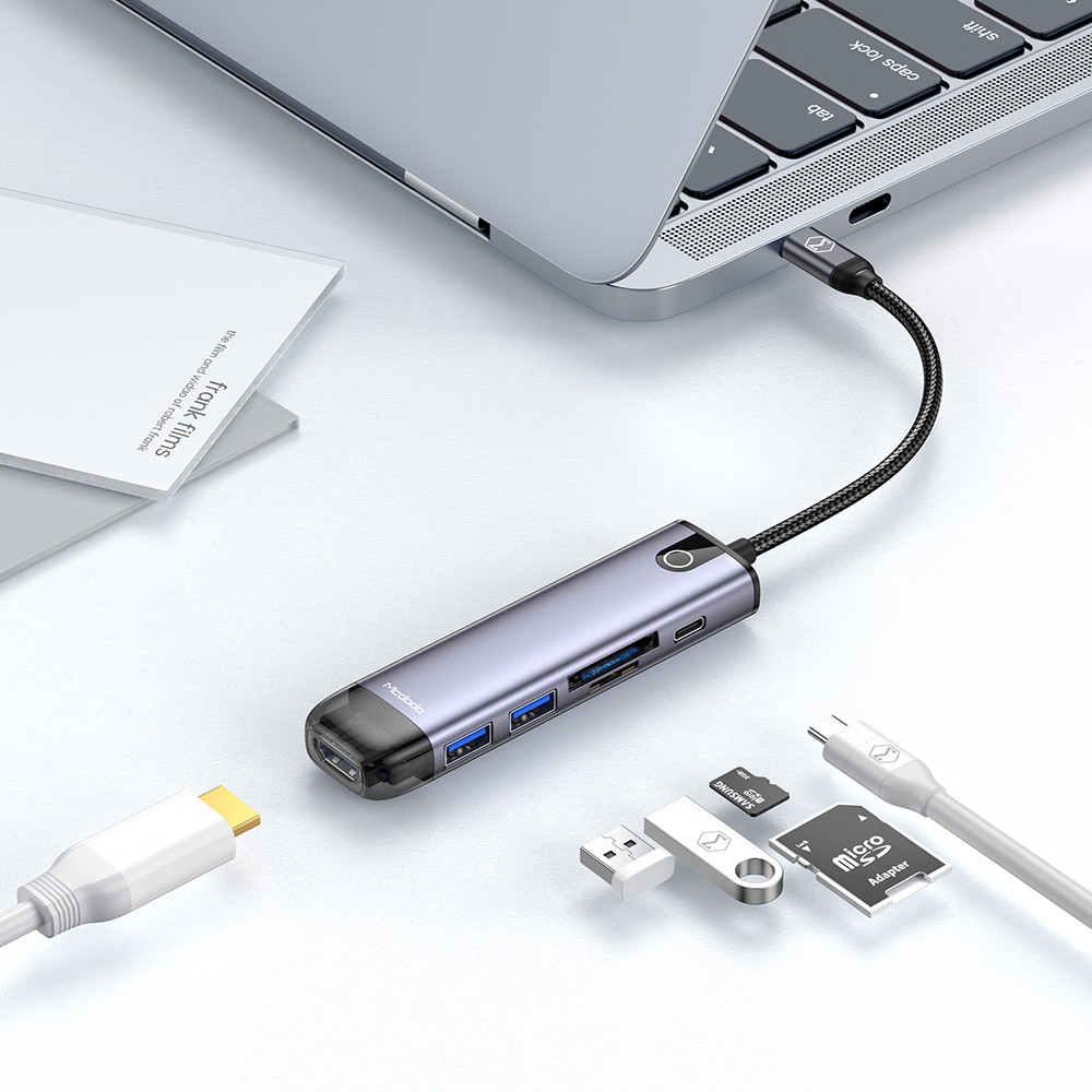 Mcdodo - Hub (HU-7740) - 6 σε 1, 2x USB3.0, Type-C PD100W, HDMI 4K, Υποδοχή κάρτας SD/TF, 5Gbps, 2TB, Καλώδιο Type-C - Γκρι - Image 2