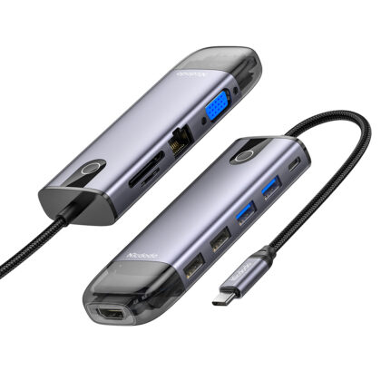 Mcdodo - Hub (HU-7420) - 10 σε 1, 2x USB2.0, 2x USB3.0, USB-C PD100W, VGA, HDMI 4K, LAN, Υποδοχή SD/TF, 5Gbps, Καλώδιο Type-C - Γκρι