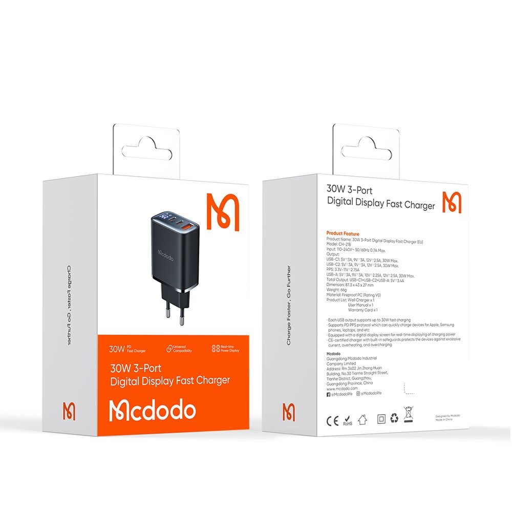 Mcdodo - Φορτιστής τοίχου (CH-2180) - 2x USB-C, 1x USB-A, 30W, Γρήγορος φορτιστής, Ψηφιακή οθόνη - Μαύρο - Image 7