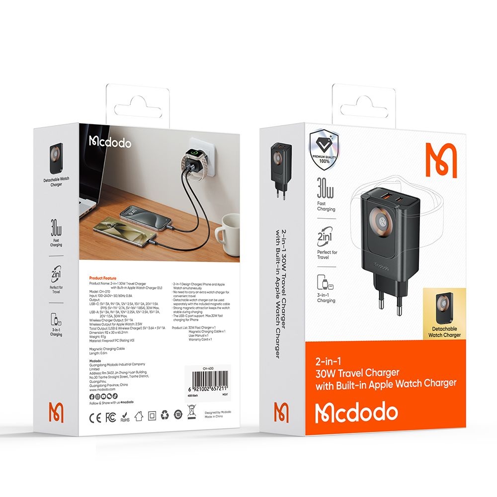 Mcdodo - Φορτιστής τοίχου Travel Companion Series (CH-3700) - με ενσωματωμένο φορτιστή Apple Watch, 30W, USB-A/C - Μαύρο - Image 7