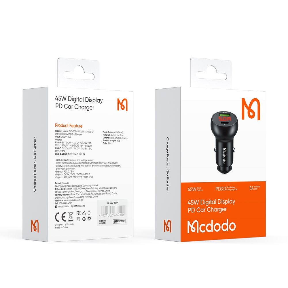 Mcdodo - Φορτιστής Αυτοκινήτου (CC-7030) - Διπλή Θύρα, Γρήγορη Φόρτιση, 45W, Ψηφιακή Οθόνη, Πολλαπλές Προστασίες - Μαύρο - Image 7