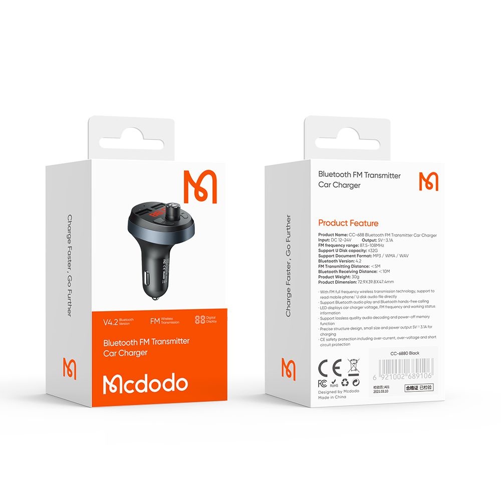 Mcdodo - Διαμορφωτής FM με φορτιστή αυτοκινήτου (CC-6880) - 2x USB-A, με οθόνη LED, 2.1A - Μαύρο - Image 7