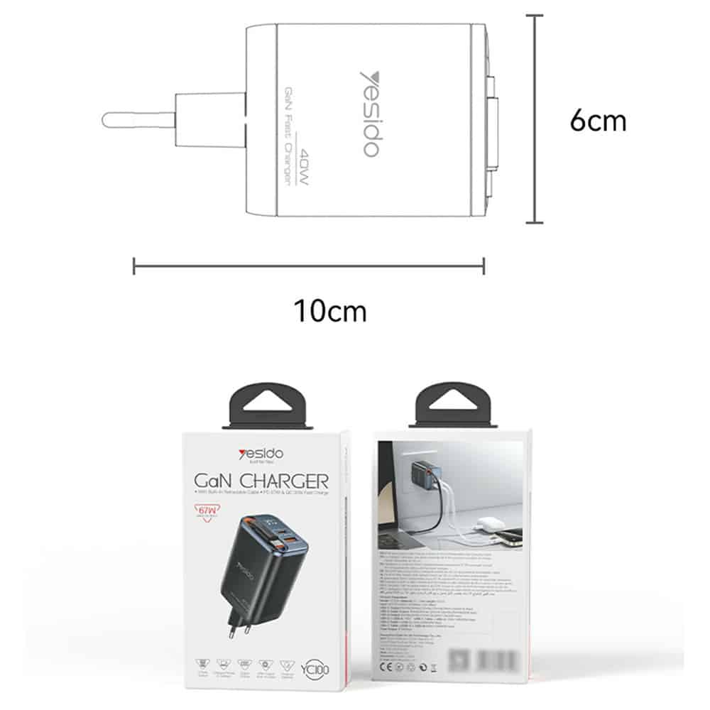 Yesido - Φορτιστής τοίχου (YC100) - USB, Type-C, GaN, Γρήγορη φόρτιση, Ψηφιακή οθόνη, 67W, Ανασυρόμενο καλώδιο Type-C, 65cm - Μαύρο - Image 7