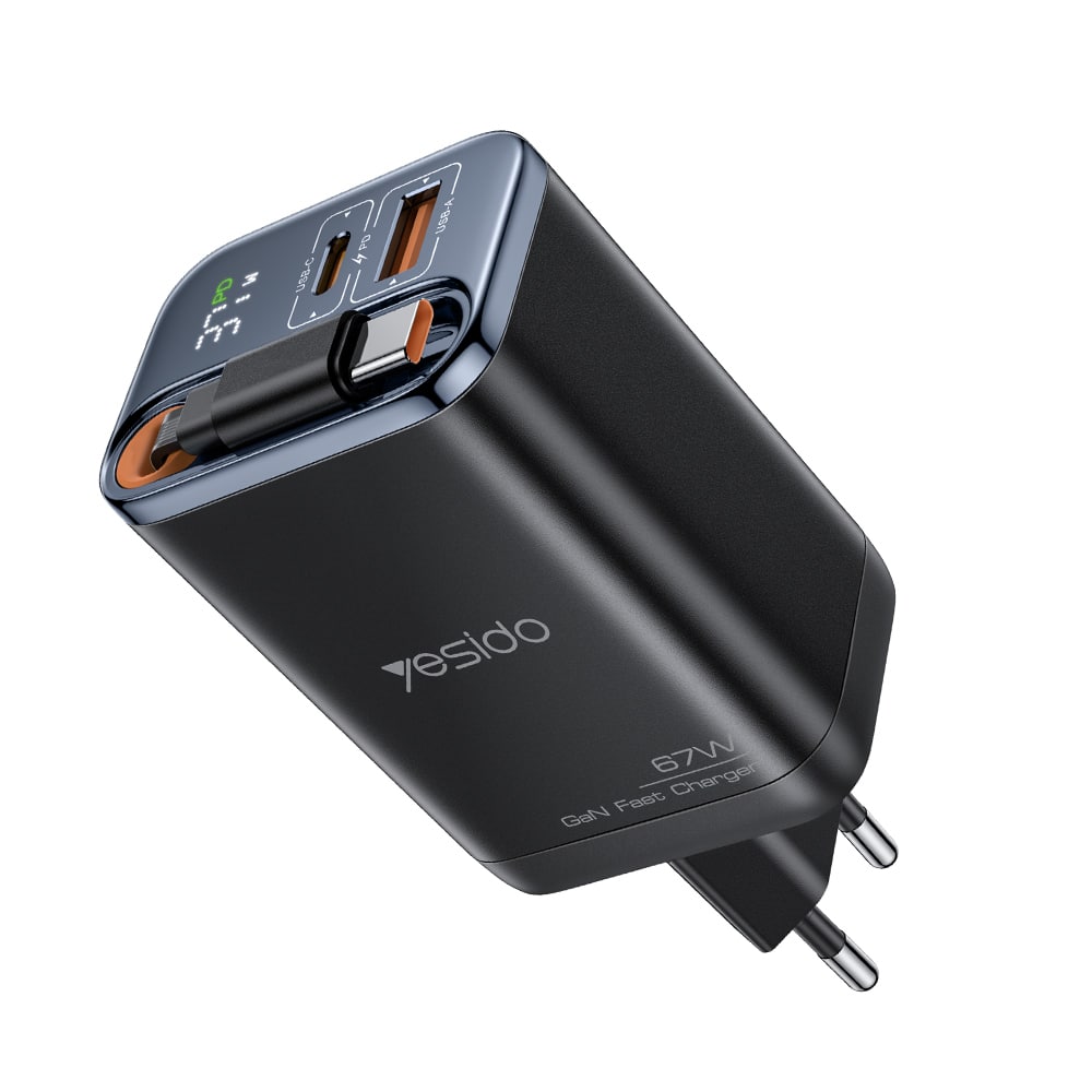 Yesido - Φορτιστής τοίχου (YC100) - USB, Type-C, GaN, Γρήγορη φόρτιση, Ψηφιακή οθόνη, 67W, Ανασυρόμενο καλώδιο Type-C, 65cm - Μαύρο - Image 2