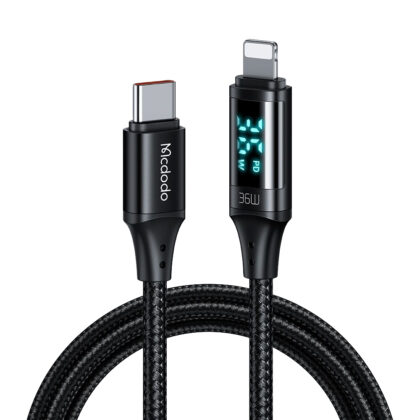Mcdodo - Καλώδιο δεδομένων (CA-1030) - Type-C σε Lightning, με ψηφιακή οθόνη, πλεγμένο από νάιλον, κράμα αλουμινίου, 36W, 1,2m - Μαύρο