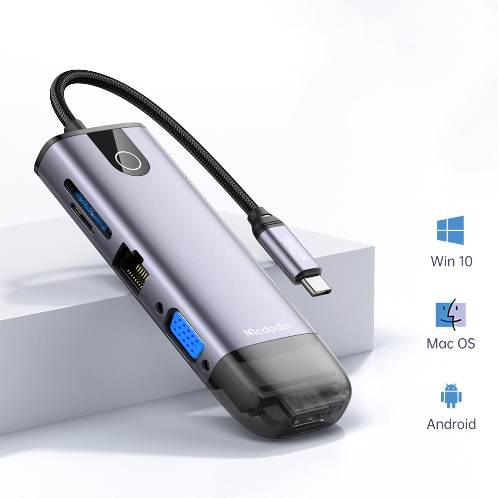 Mcdodo - Hub (HU-7420) - 10 σε 1, 2x USB2.0, 2x USB3.0, USB-C PD100W, VGA, HDMI 4K, LAN, Υποδοχή SD/TF, 5Gbps, Καλώδιο Type-C - Γκρι - Image 7