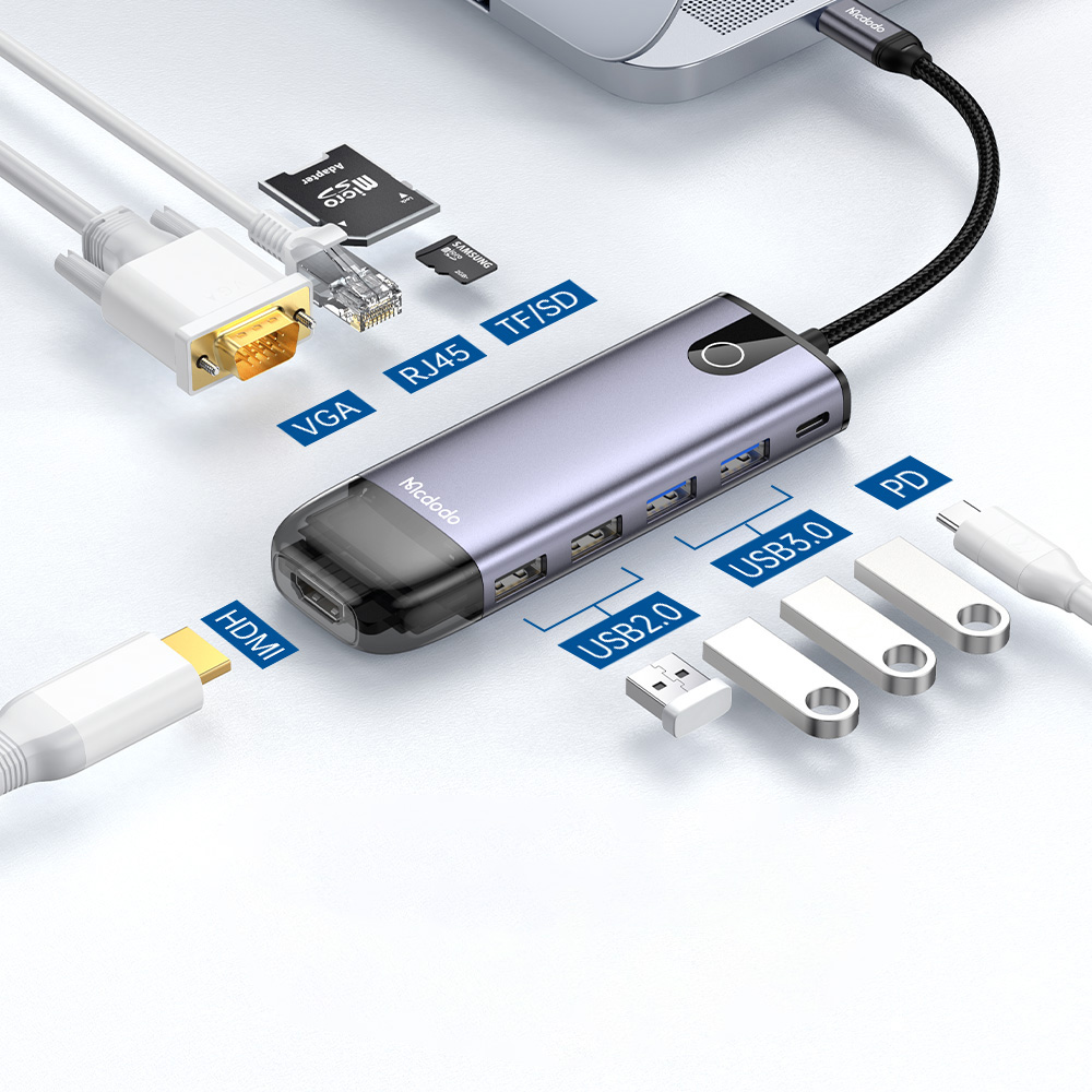 Mcdodo - Hub (HU-7420) - 10 σε 1, 2x USB2.0, 2x USB3.0, USB-C PD100W, VGA, HDMI 4K, LAN, Υποδοχή SD/TF, 5Gbps, Καλώδιο Type-C - Γκρι - Image 3