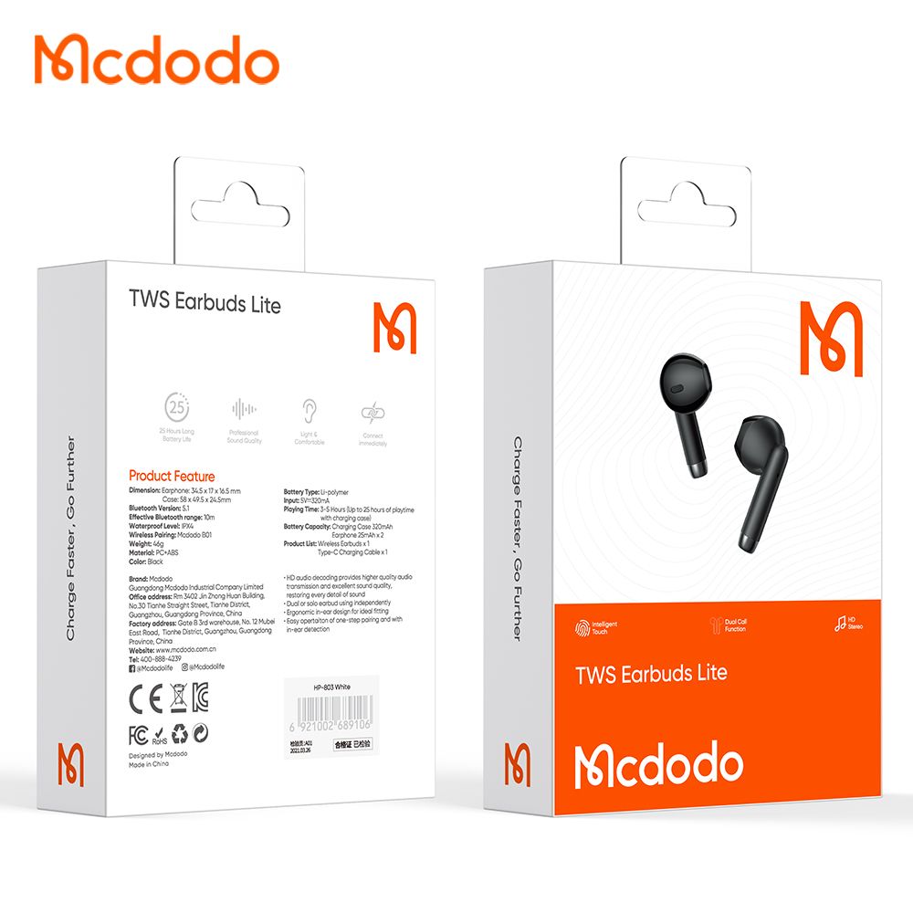 Mcdodo - Ασύρματα ακουστικά σειράς B01 (HP-8031) - Bluetooth V5.1, IPX4, Αληθινά ασύρματα - Μαύρο - Image 7
