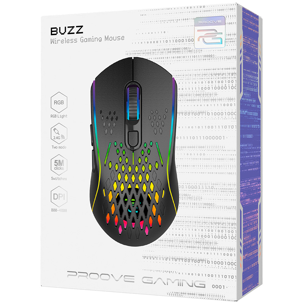 Proove - Ασύρματο Ποντίκι Buzz (WMBU00022401) - για Gaming, 2.4GHz, USB-C, Εργονομικό, LED, 6 Κουμπιά, 800-4800DPI, 1.5m - Μαύρο - Image 7