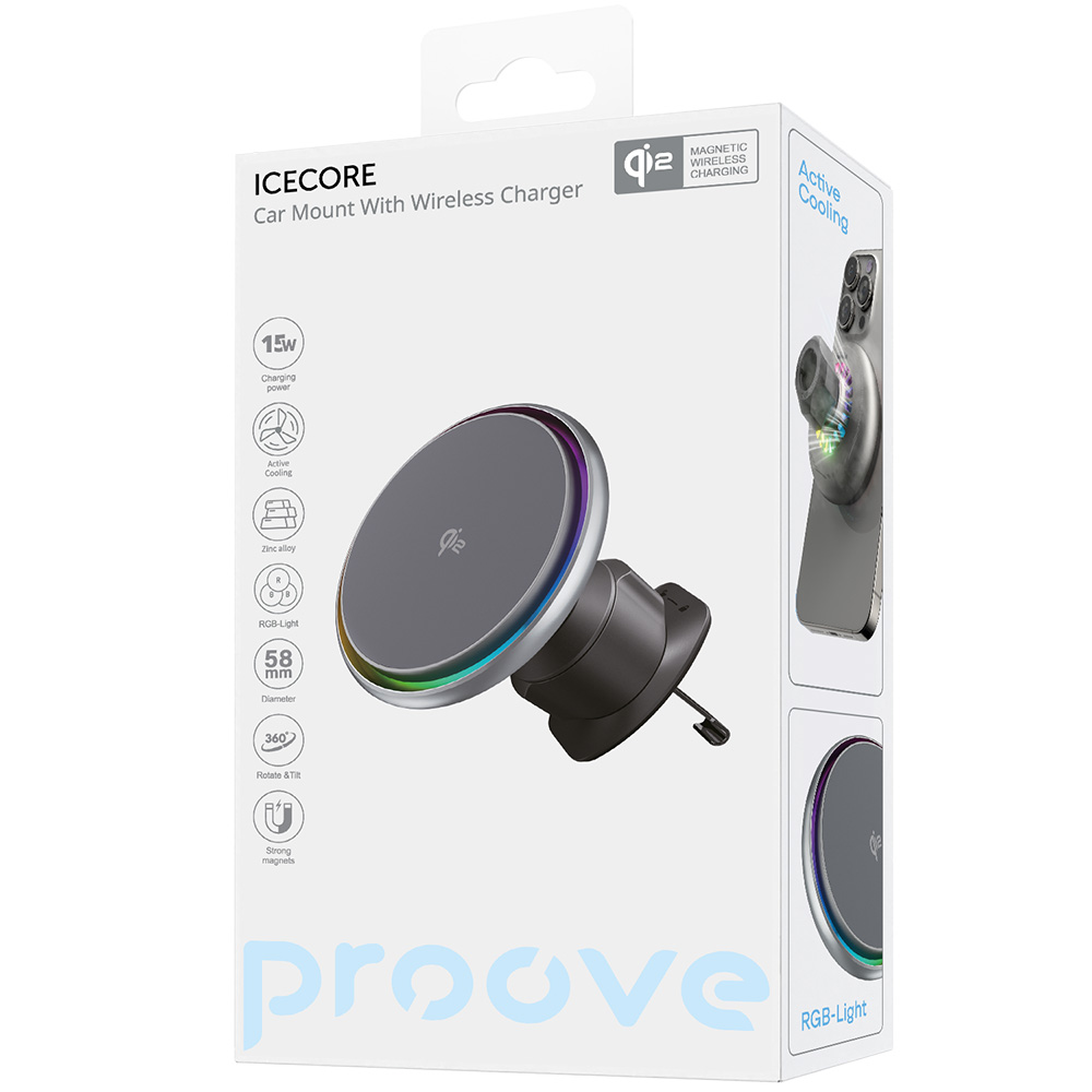 Proove - Βάση Αυτοκινήτου με Ασύρματη Φόρτιση Icecore (WHIC15002003) - Αεραγωγός, Ισχυρός Μαγνήτης, Ενεργή Ψύξη, Qi2 15W - Γκρι - Image 4