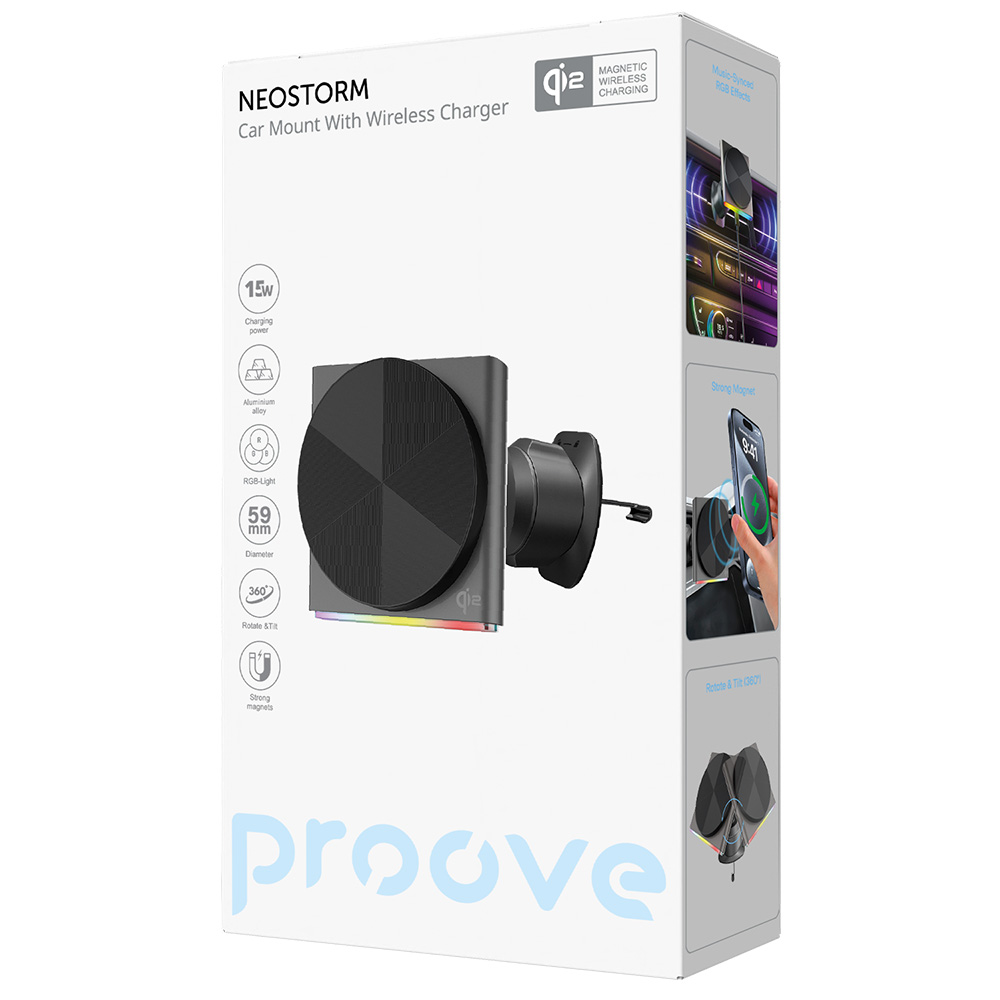 Proove - Βάση Αυτοκινήτου με Ασύρματη Φόρτιση Neostorm (WHNS15002003) - για Αεραγωγό, Μαγνητική, Qi2, 15W, RGB, Αλουμινίου - Γκρι - Image 6