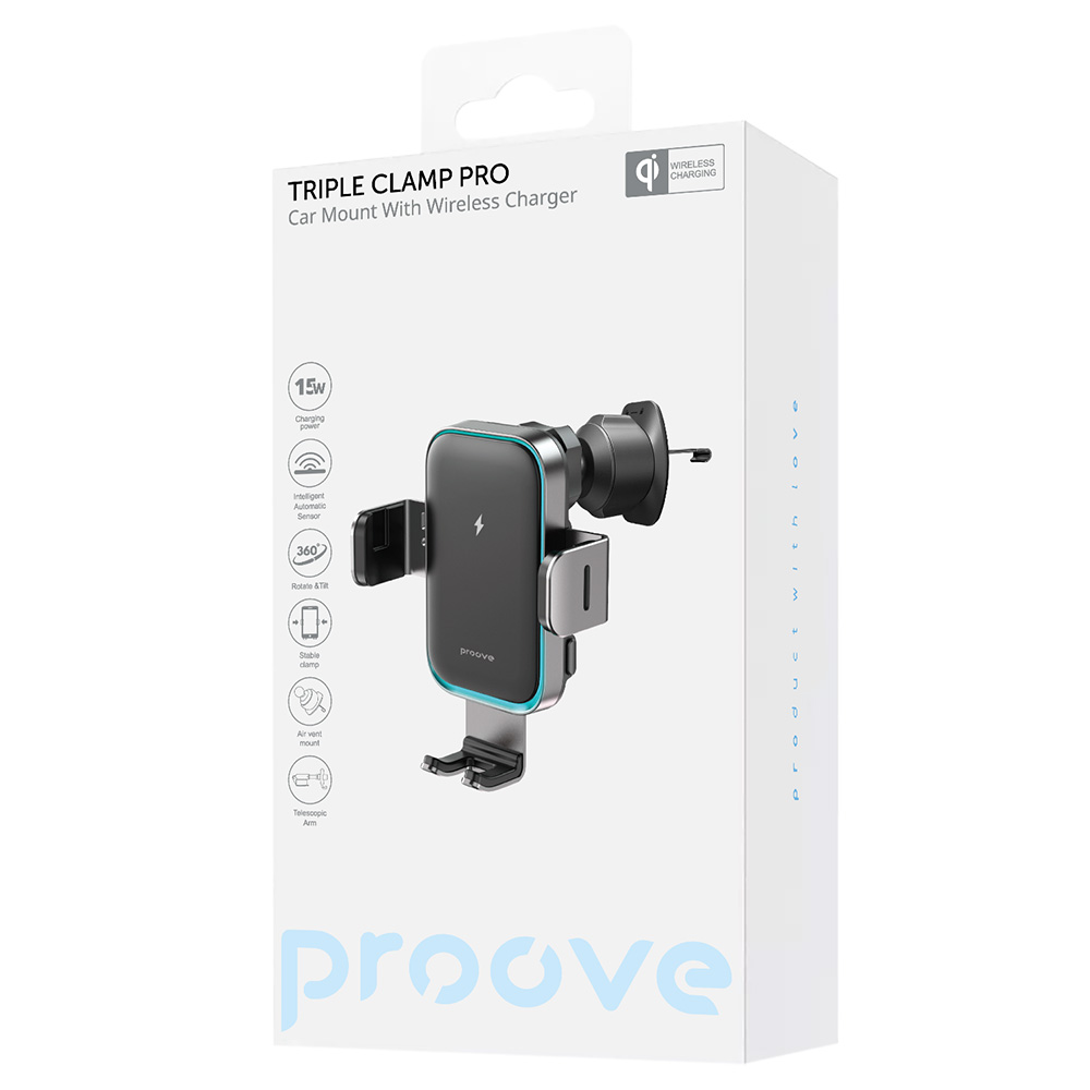 Proove - Βάση Αυτοκινήτου με Ασύρματη Φόρτιση Triple Clamp Pro (WHTP15010004) - Βάση 2 σε 1, Αυτόματη, LED, Qi2 15W - Μεταλλικό Γκρι - Image 7