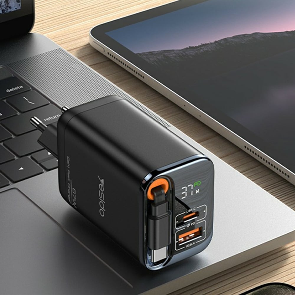 Yesido - Φορτιστής τοίχου (YC100) - USB, Type-C, GaN, Γρήγορη φόρτιση, Ψηφιακή οθόνη, 67W, Ανασυρόμενο καλώδιο Type-C, 65cm - Μαύρο - Image 5