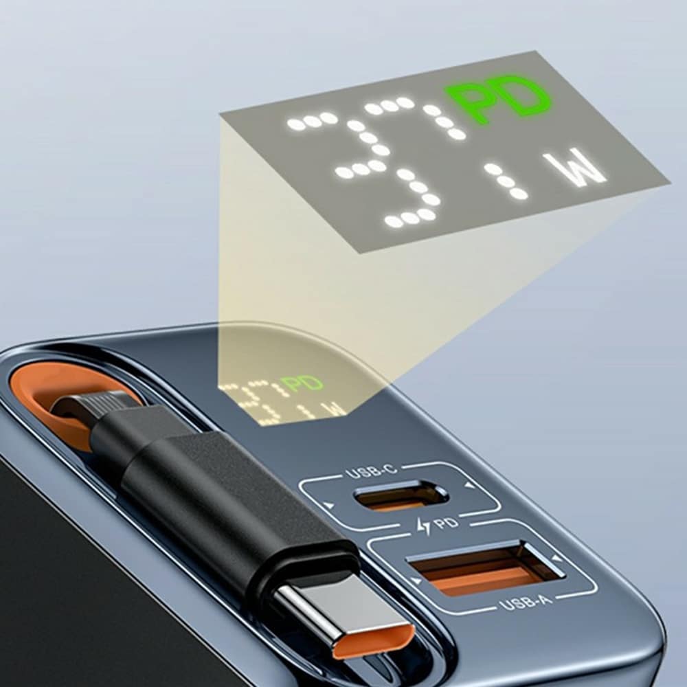 Yesido - Φορτιστής τοίχου (YC100) - USB, Type-C, GaN, Γρήγορη φόρτιση, Ψηφιακή οθόνη, 67W, Ανασυρόμενο καλώδιο Type-C, 65cm - Μαύρο - Image 4