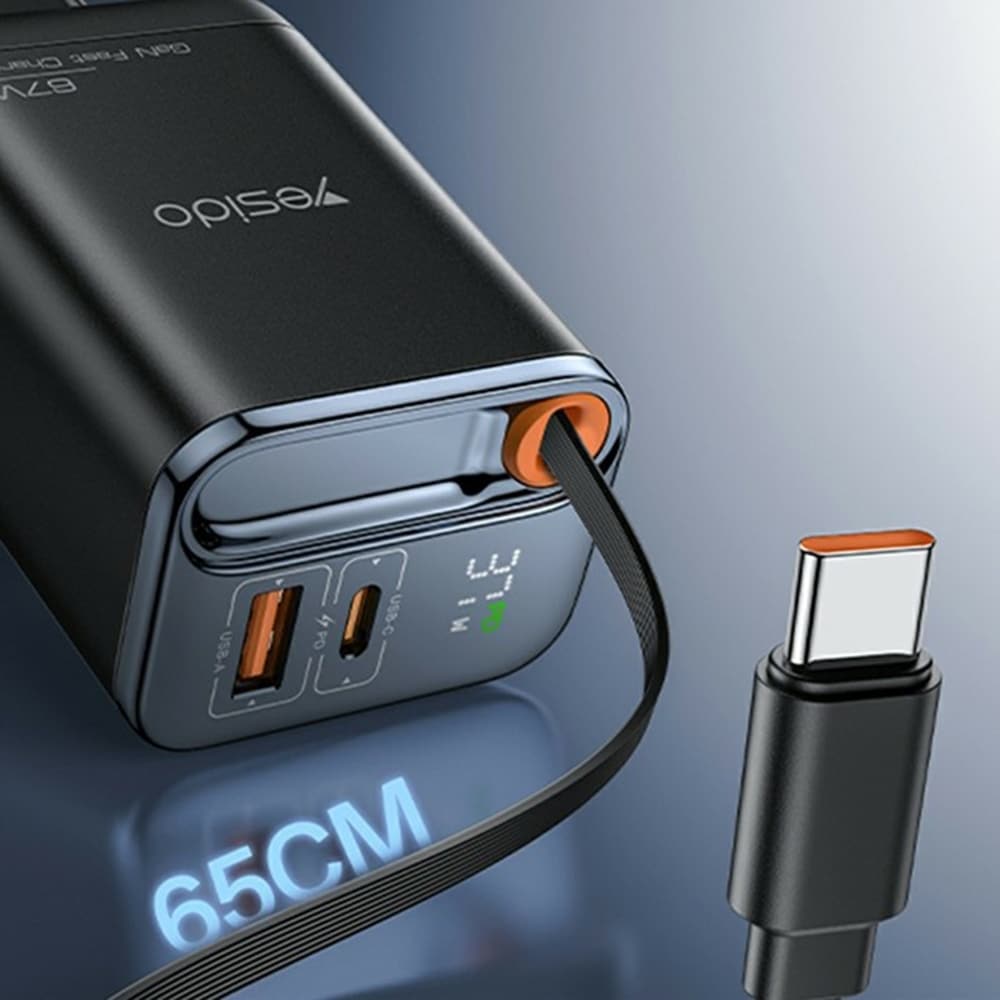 Yesido - Φορτιστής τοίχου (YC100) - USB, Type-C, GaN, Γρήγορη φόρτιση, Ψηφιακή οθόνη, 67W, Ανασυρόμενο καλώδιο Type-C, 65cm - Μαύρο - Image 3