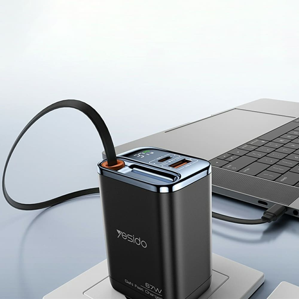 Yesido - Φορτιστής τοίχου (YC100) - USB, Type-C, GaN, Γρήγορη φόρτιση, Ψηφιακή οθόνη, 67W, Ανασυρόμενο καλώδιο Type-C, 65cm - Μαύρο - Image 6