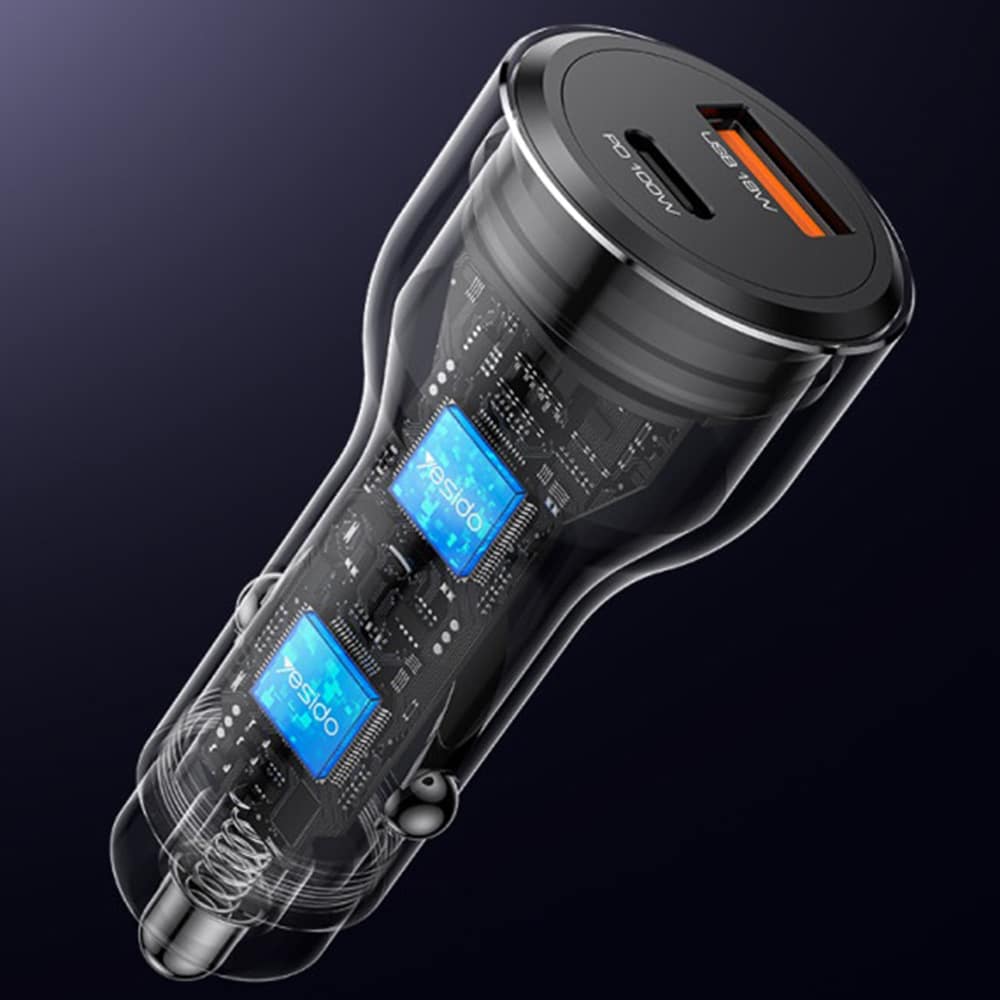 Yesido - Φορτιστής Αυτοκινήτου (Y65) - Διπλή Θύρα USB-A + Type-C, PD100W, Κράμα Αλουμινίου, Υπερταχεία Φόρτιση - Μαύρο - Image 4