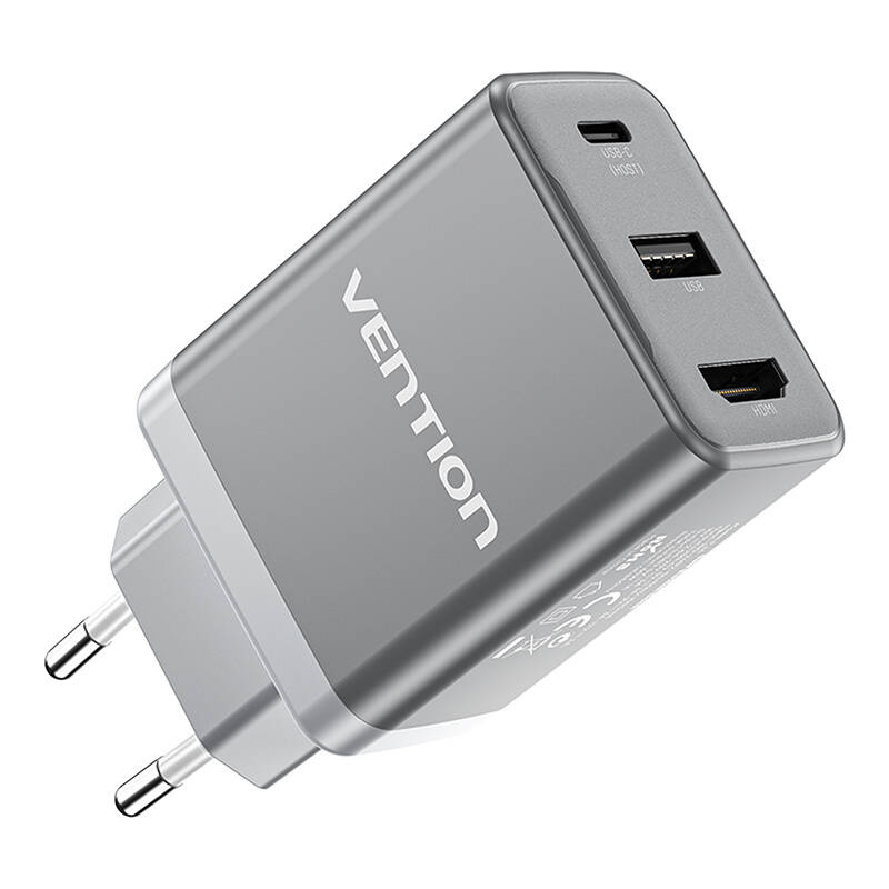 Φορτιστής δικτύου Vention FJAH0-EU USB(C+A)+HDMI GaN (60W/5W/4K@60Hz) (γκρι) - Image 2