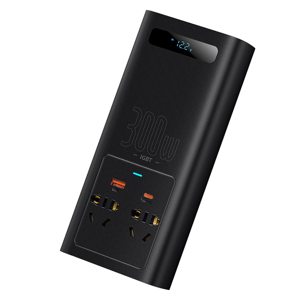 Baseus - Μετατροπέας Αυτοκινήτου IGBT (CGNB010101) - USB, Type-C, Πρίζα CN/EU, 220V, 300W, με Σφιγκτήρες Αυτοκινήτου και Καλώδιο 12V - Μαύρο - Image 2
