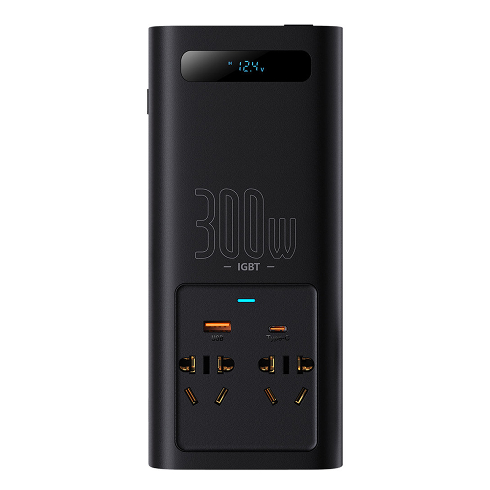 Baseus - Μετατροπέας Αυτοκινήτου IGBT (CGNB010101) - USB, Type-C, Πρίζα CN/EU, 220V, 300W, με Σφιγκτήρες Αυτοκινήτου και Καλώδιο 12V - Μαύρο - Image 4