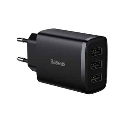 Baseus - Φορτιστής τοίχου Compact (CCXJ020101) - Παγκόσμια συμβατότητα, 3 x USB, 17W, 5V - Μαύρο