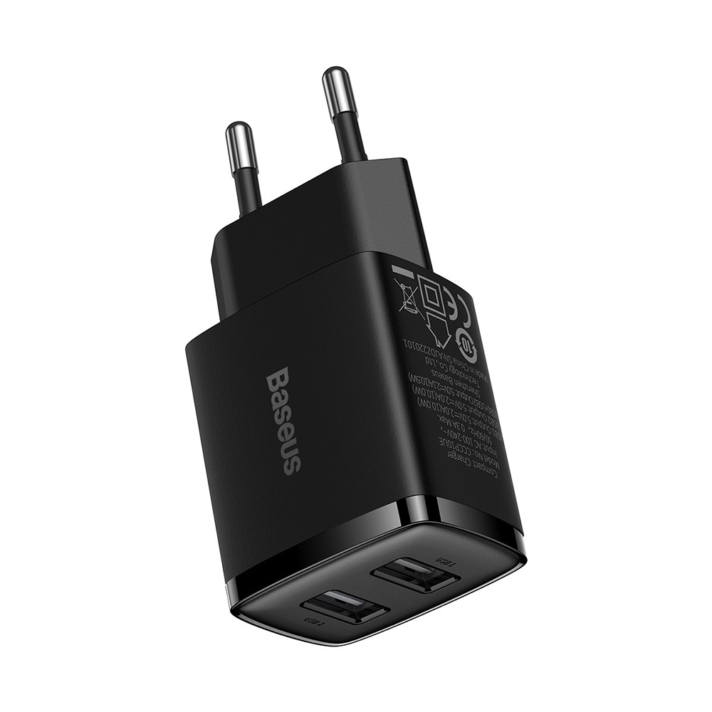 Baseus - Φορτιστής τοίχου (CCXJ010201) - 2 x USB, 10.5W, 5V/ 2A, Πολυανθρακικό - Μαύρο - Image 3