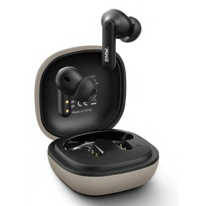Ακουστικά Bluetooth TWS BMW Δερμάτινα Μεταλλικά Λογότυπα ENC σε μπεζ χρώμα