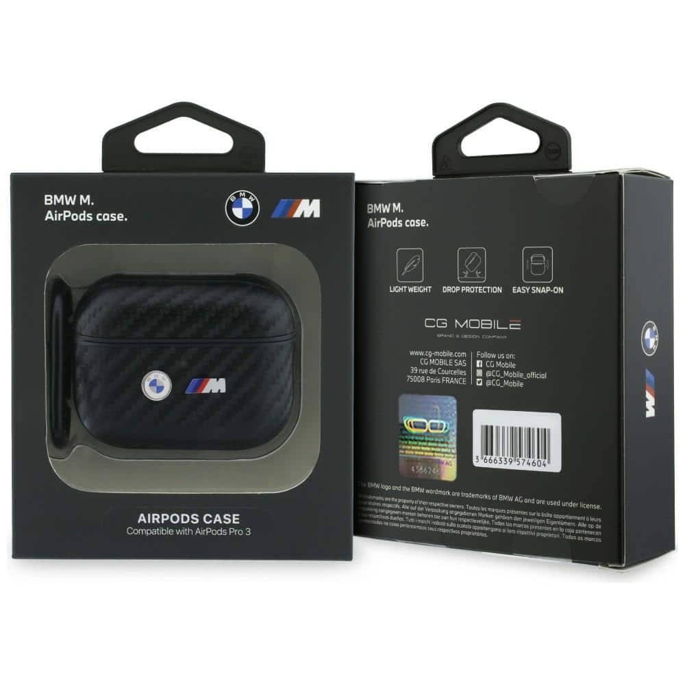 Θήκη BMW Carbon Metal με λογότυπο για AirPods Pro 3, μαύρη - Image 4