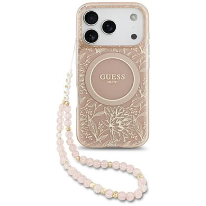 Θήκη Guess IML Flowers Electro Pearl Strap MagSafe για iPhone 17 Pro ροζ