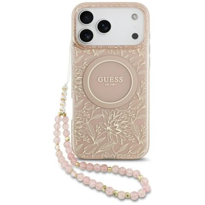 Guess IML Flowers Electro Pearl Strap MagSafe - θήκη για Apple iPhone 17 Pro Max - Ροζ