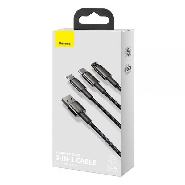 Καλώδιο φόρτισης USB-A σε Lightning / microUSB / USB-C Baseus Tungsten Gold 3in1, 20W, 2A, 1.5m, Μαύρο CAMLTWJ-01 - Image 4