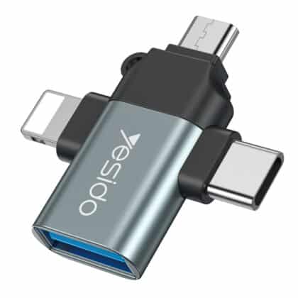 Yesido - Προσαρμογέας OTG (GS15) - USB σε Lightning, Micro-USB, Type-C, Plug & Play, 480Mbps - Μαύρο
