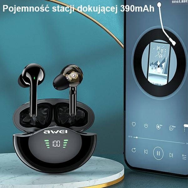 Ακουστικά AWEI Bluetooth 5.3 T12P TWS + βάση σύνδεσης σε μαύρο χρώμα - Image 6