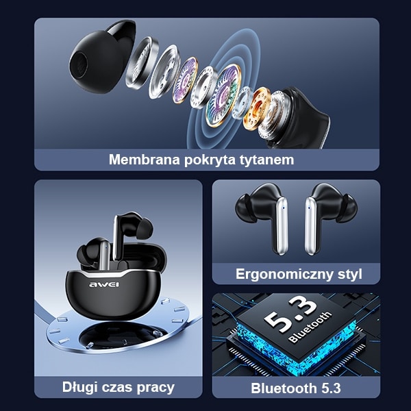 Ακουστικά AWEI Bluetooth 5.3 T50 TWS + βάση σύνδεσης σε μαύρο χρώμα - Image 5
