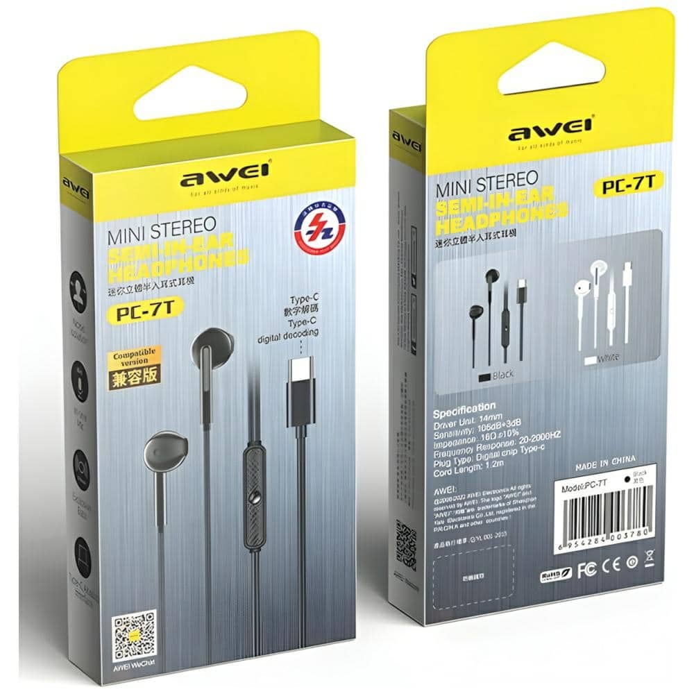 Στερεοφωνικά ακουστικά AWEI PC-7T USB-C 1,2 μέτρων, μαύρα - Image 7