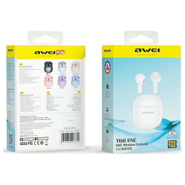 Ακουστικά AWEI Bluetooth 5.3 T68 ENCTWS + βάση σύνδεσης λευκά - Image 2