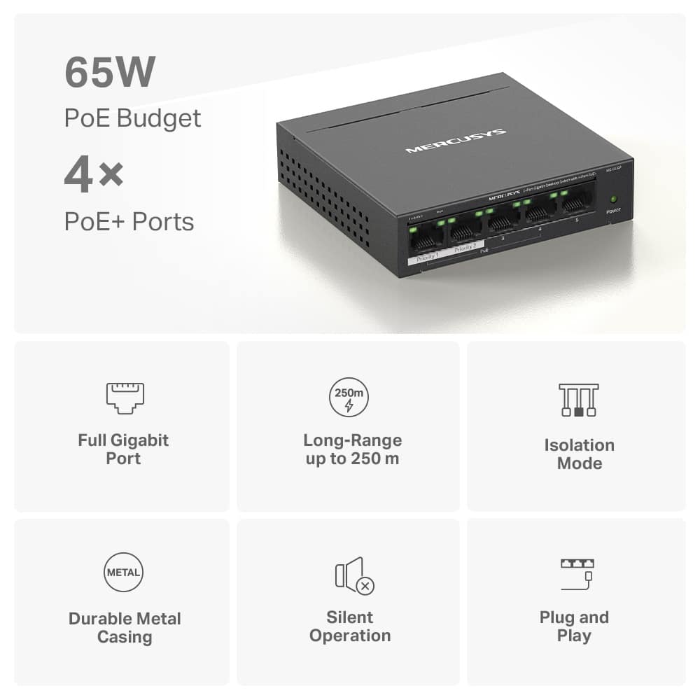 MERCUSYS Desktop Switch MS105GP, 5x 10/100/1000 Mbps, PoE+, Έκδ. 1.0 - Image 2