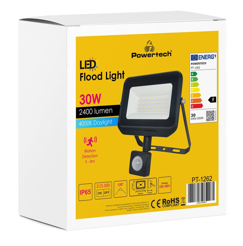 POWERTECH LED προβολέας PT-1262, με αισθητήρα κίνησης, 30W, 4000K, IP65 - Image 2