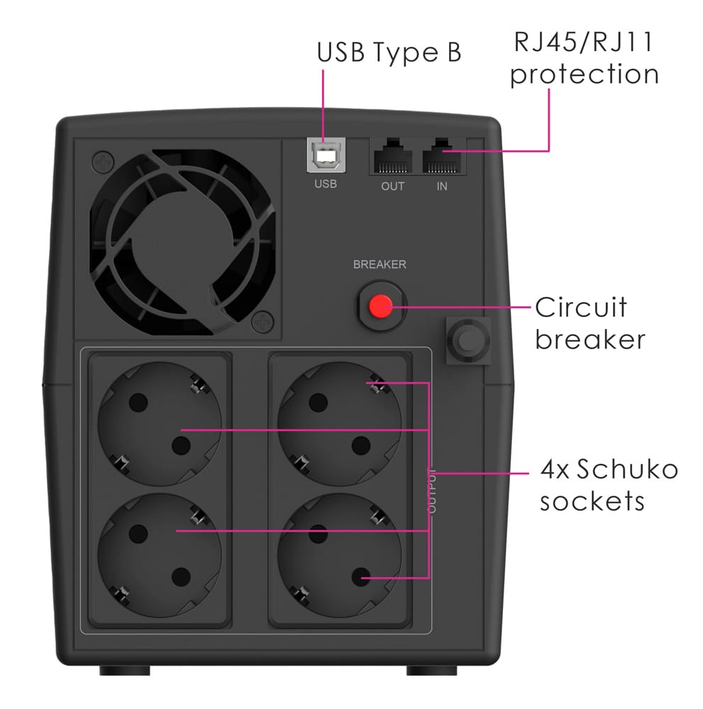 POWERTECH UPS Line Interactive PT-1297 με οθόνη, 1500VA, 900W, 4x Schuko, 2x RJ45/RJ11, USB Type B - Image 2