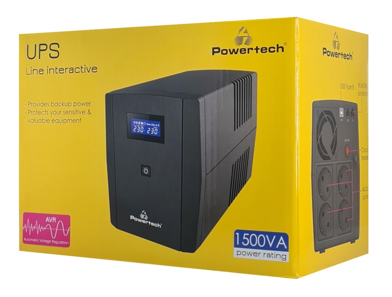 POWERTECH UPS Line Interactive PT-1297 με οθόνη, 1500VA, 900W, 4x Schuko, 2x RJ45/RJ11, USB Type B - Image 3