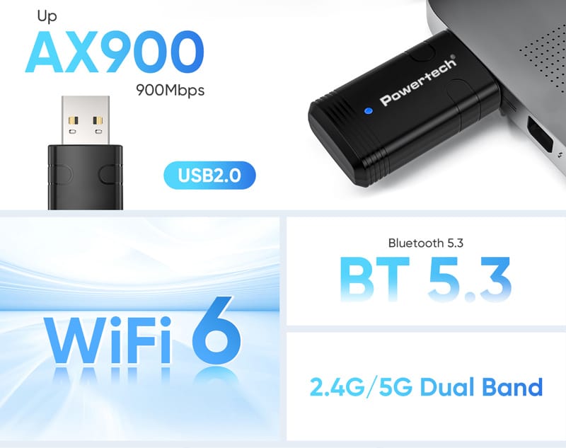 POWERTECH ασύρματος USB αντάπτορας δικτύου & Bluetooth 5.3 PT-1387, 900Mbps WiFi 6 - Image 2