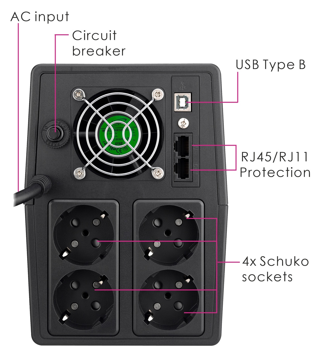 POWERTECH UPS Line Interactive PT-1800LCD με οθόνη, 1800VA, 1080W, 4x Schuko, 2x RJ45/RJ11, USB Type B - Image 2
